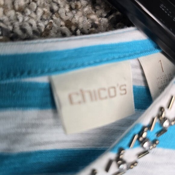 Chicos Top Womens 1 US Medium Blue Striped Slub Knit Scoop Neck Beaded Tie - Picture 7 of 8